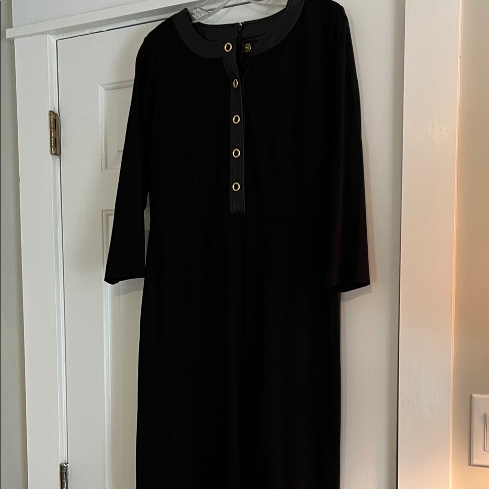 Talbots Elegant Black Dress with Faux Leather Trim